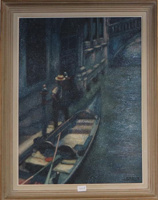 J. Baron, oil on board, Venetian canal scene, signed, 60 x 44cm